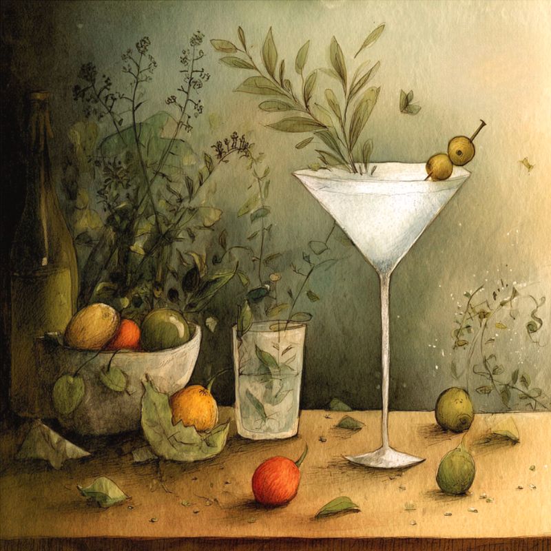 classic martini with olive garnish in vinatge watercolor style