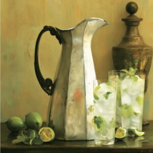 silver pitcher of mojitos, with glasses, limes and mints in a vintage water color style