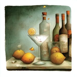 lemon drop martini with bottles and lemons