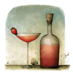 glass bottle and martini glass of a strawberry cosmopolitan