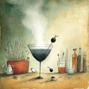 image of a blueberry lavender martini with a blueberry garnish and a pot of lavender on the table.