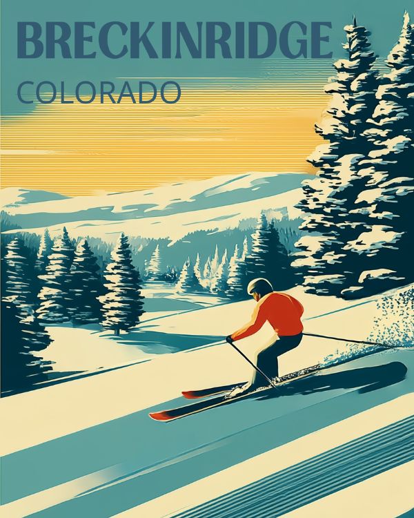 breckinridge travel poster with downhill skier