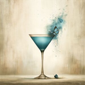 image of a blue butterfly pea flower martini. in vintage water color style