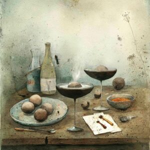 image of two choclate truffle martinis with a plate of truffles on the table. in vintage water color style