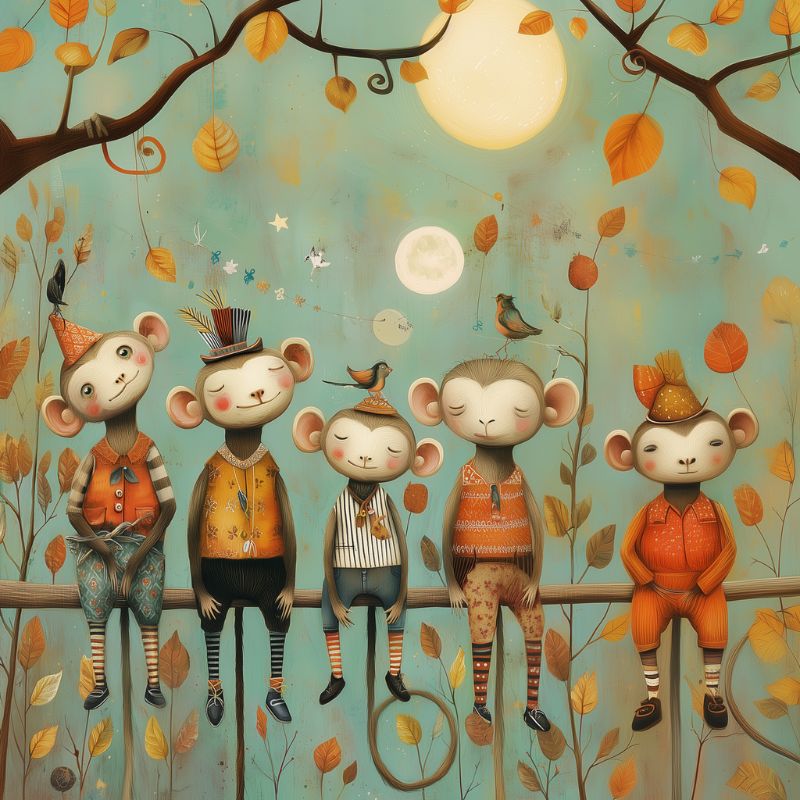 whimsical image of nursery rhyme art based on five little monkeys