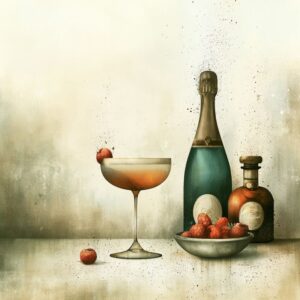 french martni with raspberry garnish. bottle of champagne and chambord on the table. in vintage water color style