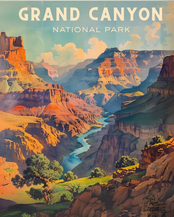 image of a vintage travel poster of the granc canyon