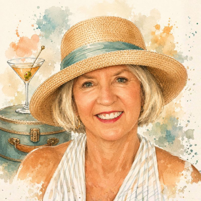 image of woman in straw hat with martini on hatbox in the background