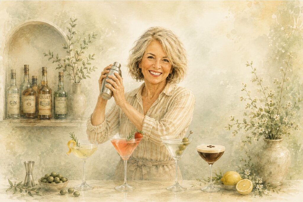 lady behind bar shaking cocktails - several martinis in front of her