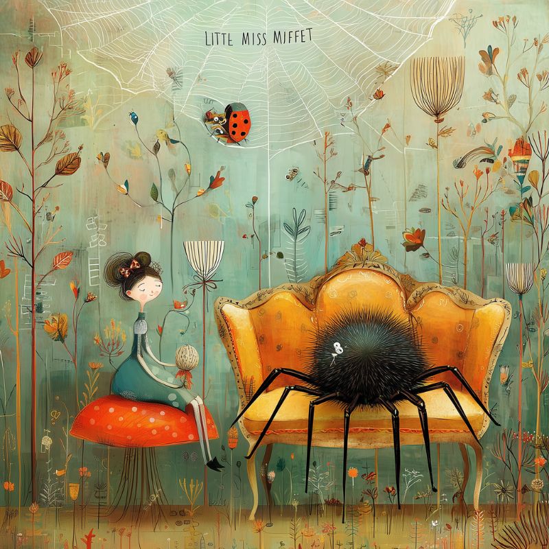 whimsical image of nursery rhyme art based on little miss muffet
