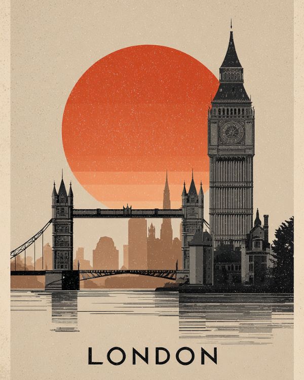 travel poster of london tower bbridge and big ben