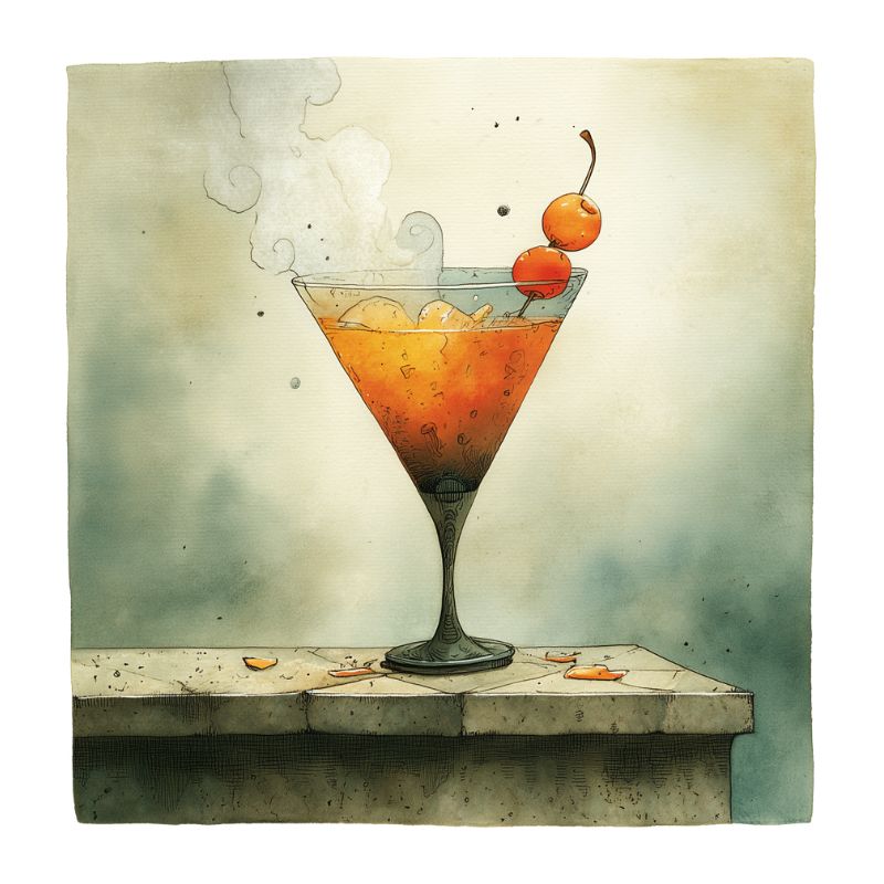 image of a manahattan with a cherry garnish in a vintage watercolor style