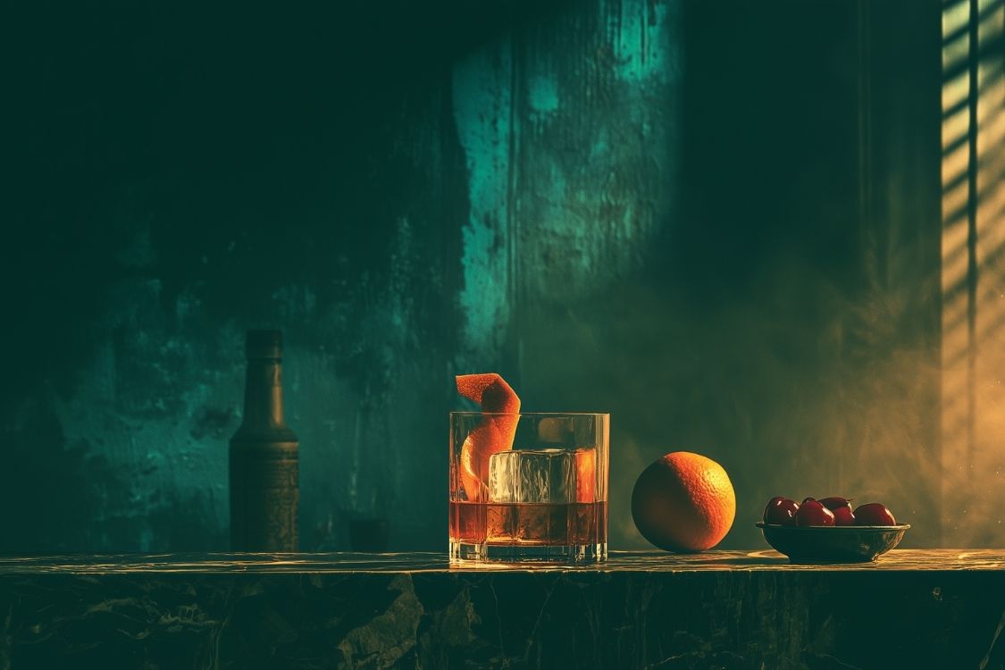 moody image of an old fashioned with an orange twist, cherries and a bottle of bitters