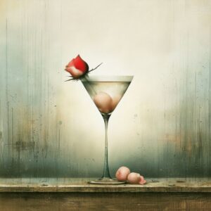 image of a rose lychee martini. in vintage water color style