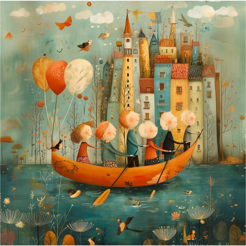 whimsical image of nursery rhyme art based on row row row your boat