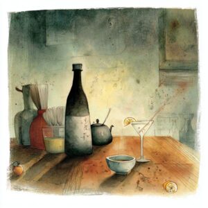 image of a sake and yuzo martini with a bottle of sake on the table. in vintage water color style