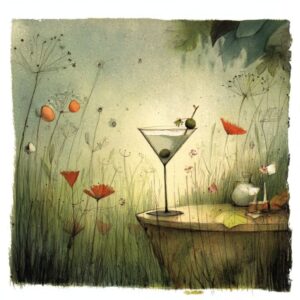 whimsical image of a spring garden martini. in vintage water color style