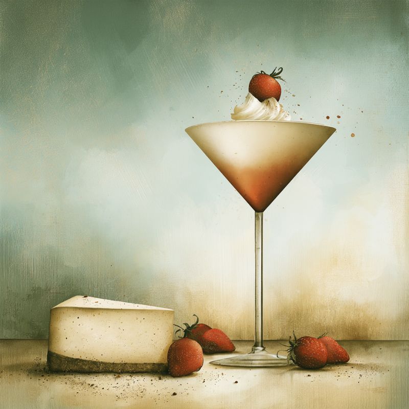 strawverry cheesecake martini garnished with whipped cream and a strawberry. a slice of cheesecake on the table. in vintage water color style