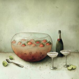 a punchbowl filled with strawberry margarita champagne punch and bottle of champagne with margarita glasses