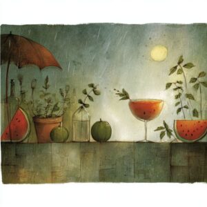 whimsical image of a summer watermelon basil martini - vintage watercolor style