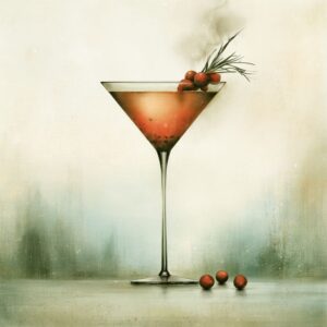 cranbery martini with craberry and rosemary garnish. in vintage water color style